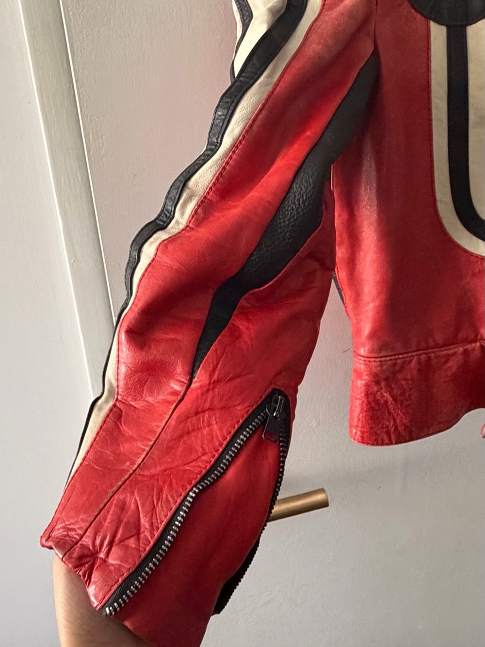 One of a kind Red, White and Black Vintage Racing Moto Leather Jacket - Picture 5 of 5